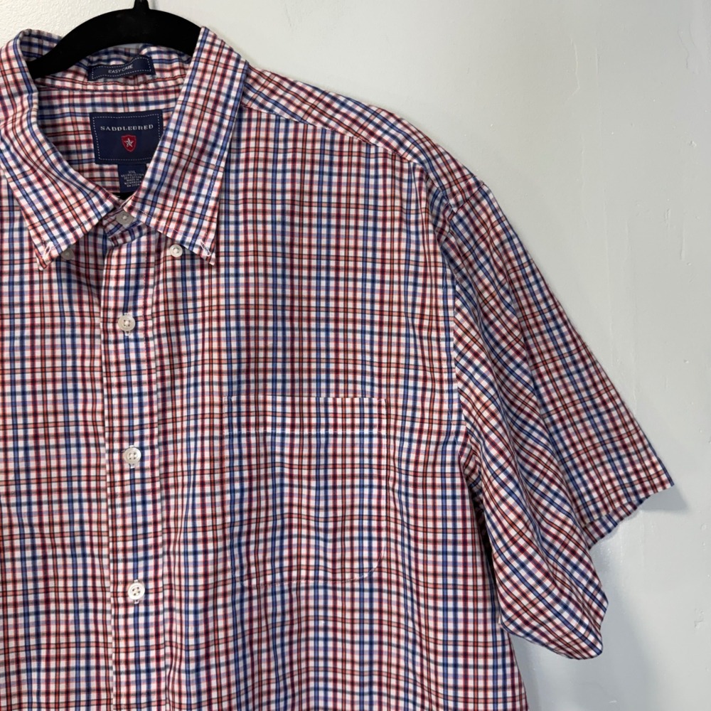 Saddlebred Mens XXL Short Sleeve Button Down Shirt Plaid Red Blue White 12755